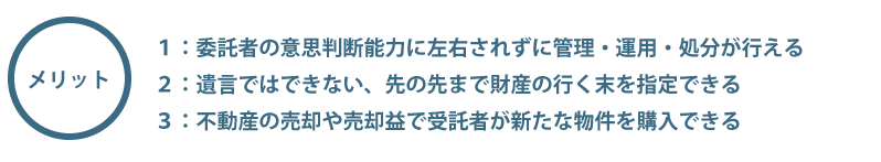 【メリット1】委託者の意思判断能力に左右されずに管理・運用・処分が行える。【メリット2】遺言ではできない、先の先まで財産の行く末を指定できる。【メリット3】不動産の売却や売却益で受託者が新たな物件を購入できる。